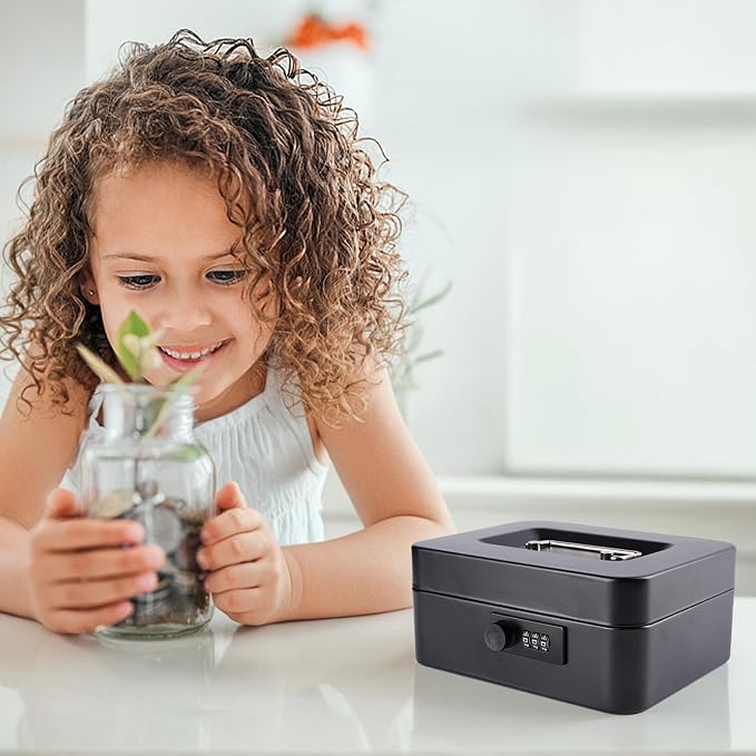 Cash Box with Money Tray and Combination Lock Metal Money Box for Cash Lock Box for Money 7.87" x 6.3" x 3.54" Black - Image 2