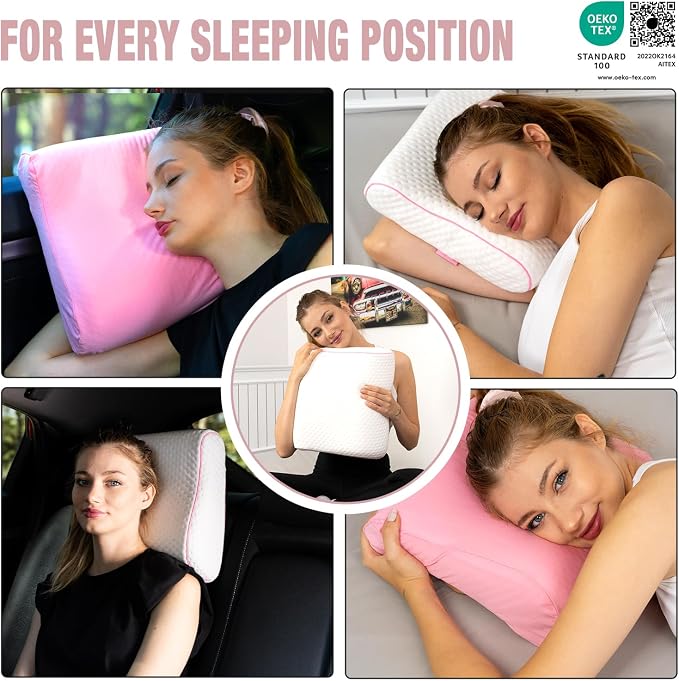 alkamto Travel & Camping Comfortable Memory Foam Pillow – Easy to Carry Portable Bag – Temperature Regulating Pillow Case (Pink Contour + Extra Cover) - Image 3