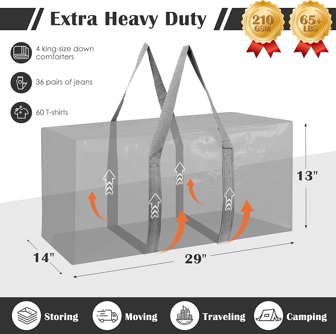 6 Pack Moving Bags with Full-Open Side Zipper, Extra Large 93L Heavy Duty Waterproof Foldable Storage Totes for College Dorm, Moving & Home Organization Gray - Image 2