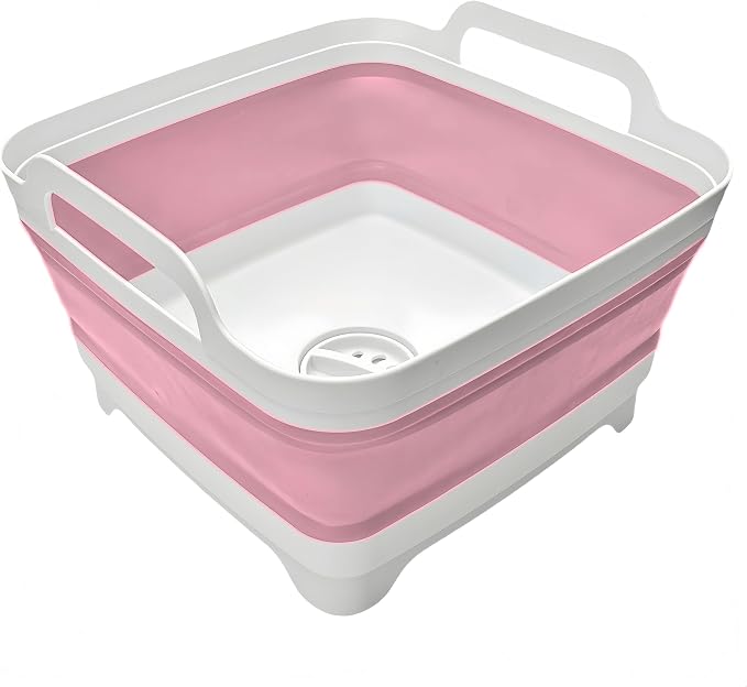 Collapsible Wash Basin 9L, Foldable Dish Tub with Drain Plug, Portable Collapsible Dish Basin, Camping Sink for Washing Dishes, Laundry & Kitchen Use (Pink) by MontNorth