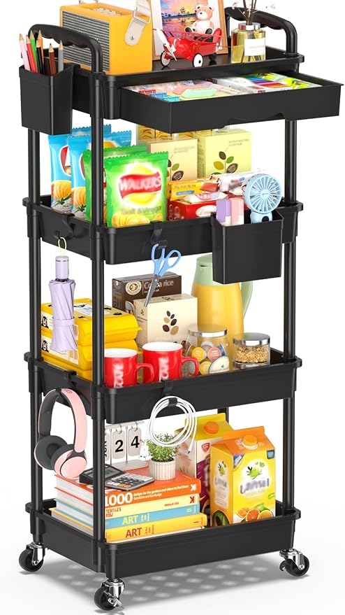 SUNALLY 4 Tier Rolling Cart with Drawer, Craft Storage Cart Organizer,Black | Bathroom Storage Organizer with 2 Lockable Wheels, Rolling Utility Cart for Kitchen, Office, Baby, Makeup, Nail,Snack,Laundry by SUNALLY
