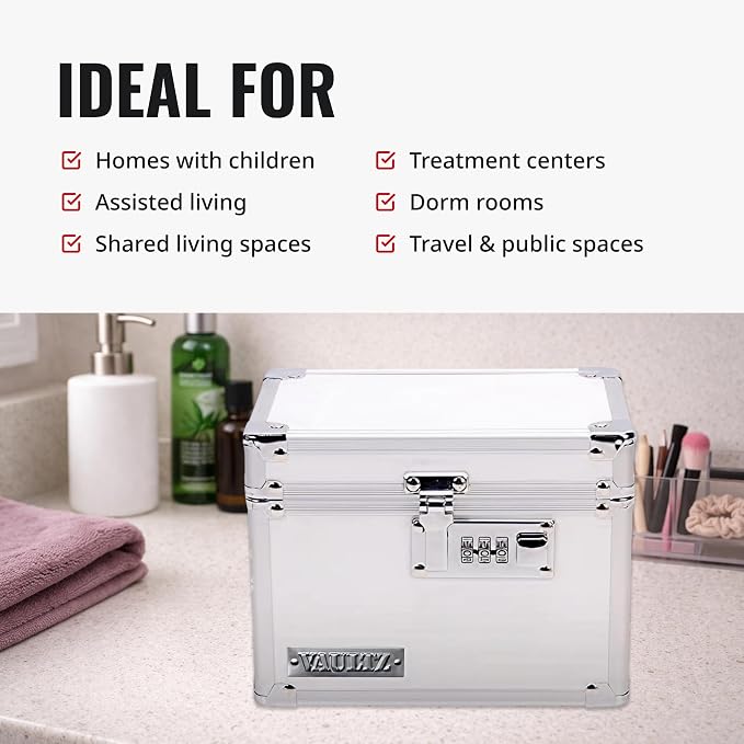 Vaultz Locking Medicine Box with Combination Lock - Secure Metal Lock Box Safe for Medication, Pills & Valuables, Small Lockbox with Code, Portable Storage Case, White | Metal lock box, storage case for medication and small valuables, 3-digit combinati... - Image 4