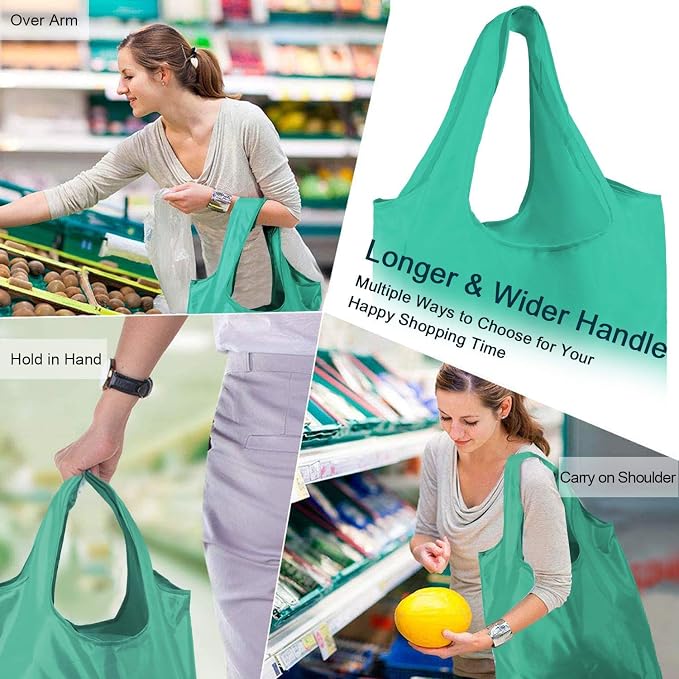BeeGreen Groceries Reusable Bags for Shopping Compact Cute Solid Color Cloth Grocery Totes Set of 12 Fold up Packable Recycling Shopper Baggies w Zipper Carry Pouch for Supermarket - Image 2