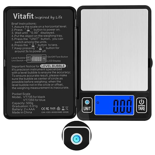 Vitafit 500g Digital Gram Scale in 0.01g, High Accuracy Assured by Built-in Level Bubble, Scale Professional Since 2001, Pocket Scale for Multi-Function: Kitchen, Food, Jewelry, Lab, Coffee, Black by Vitafit