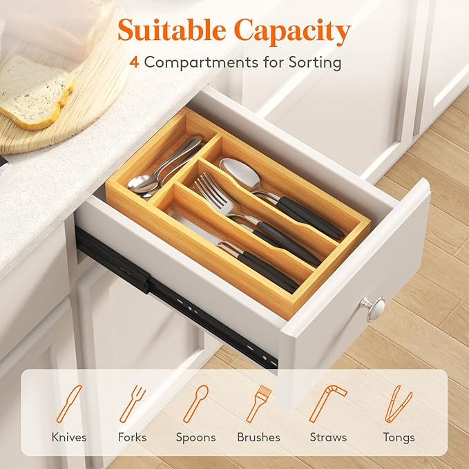 Lifewit Silverware Drawer Organizer, Wooden Utensil Tray for Kitchen | Flatware and Cutlery Holder, Adjustable Storage for Spoons Forks Knives, 6.9 x 12.8", Natural - Image 5