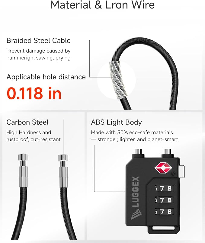 LUGGEX 2 Pack TSA Locks for Luggage, Luggage Locks TSA Approved | Suitcase Locks in Gift Box, Ultra-Light 33g Combination Cable Locks, Easy-Read Dials for Suitcase Backpack Gym, Black - Image 8