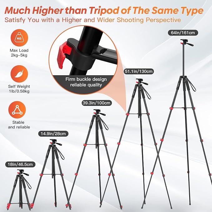 65" Phone Tripod Stand for iPhone Camera Wireless Remote & Holder | 574g Ultra-Lightweight 65" Height. Max Load 4.4lb. 360° Pan Head for Vlogging. Includes Bluetooth Remote & Tripod Carry Bag - Image 3