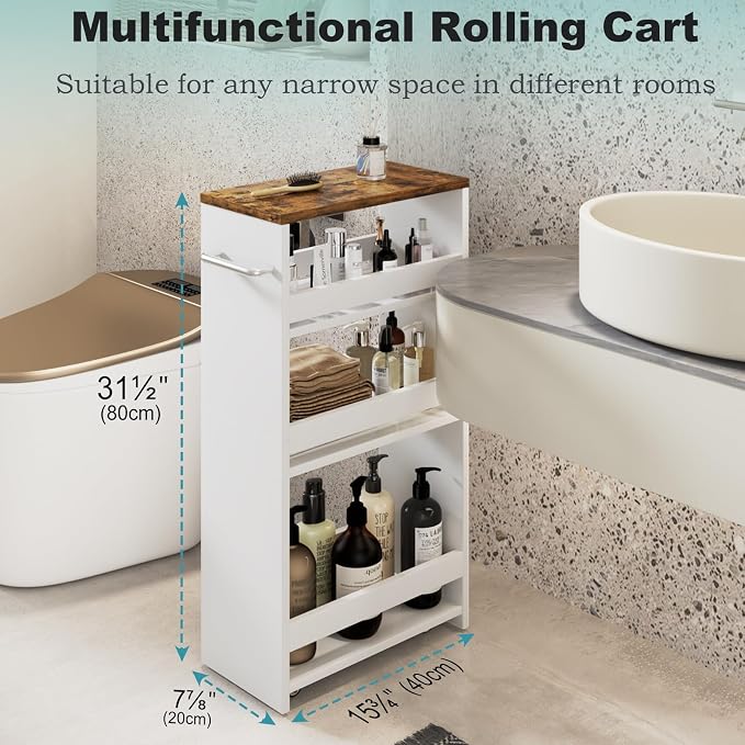 MARTY Slim Rolling Storage Cart 7.9" W Laundry Cart with Wheels,Brown+White | Narrow Utility Cart Between Washer and Dryer, 3 Tier Mobile Shelving Unit for Kitchen, Laundry, Bathroom, Office, Living Room - Image 3