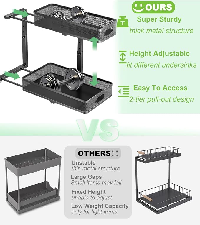 Under Sink Organizer 2 Pack, High Adjustable 2 Tier Under Sink Organizers and Storage, Slide out Metal Cabinet Organizers, Pull out Storage Drawer Shelf for Kitchen Bathroom Cabinet (Black) - Image 2