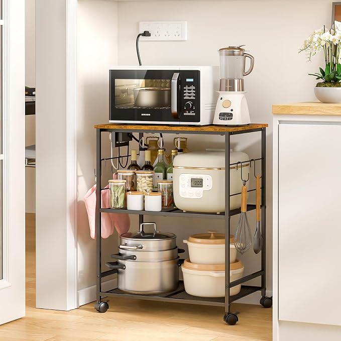 ThreeHio Rolling Kitchen Microwave Cart with Power Outlet, 3 Tier Microwave Table Stand with Storage, Kitchen Utility Cart on Wheels, Small Coffee Cart Shelf Rack Organizer for Living Room Office - Image 2