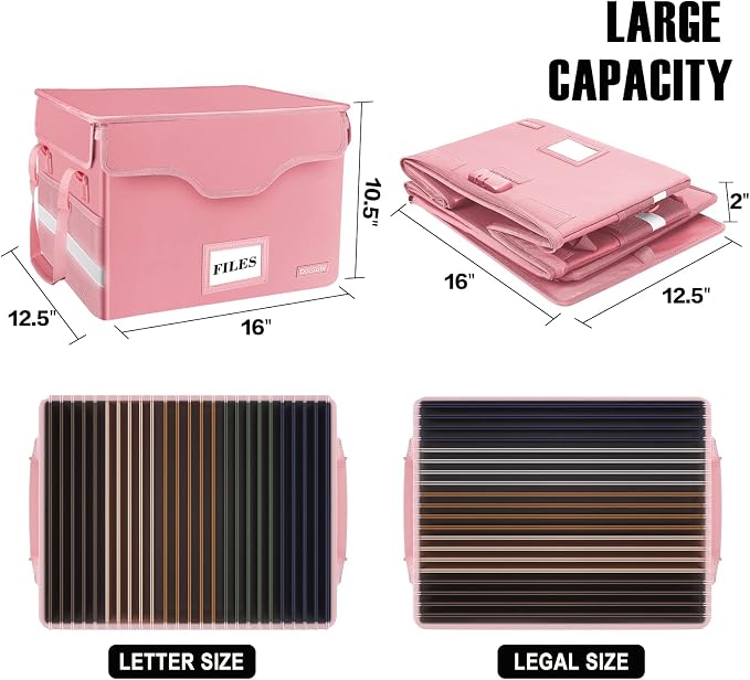 DocSafe Fireproof Document Box with Lock,File Storage Organizer with Zipper Pockets,Collapsible Portable File Box Home Office Safe Filing Cabinet with Handle for Hanging Letter/Legal Folder,Pink - Image 5