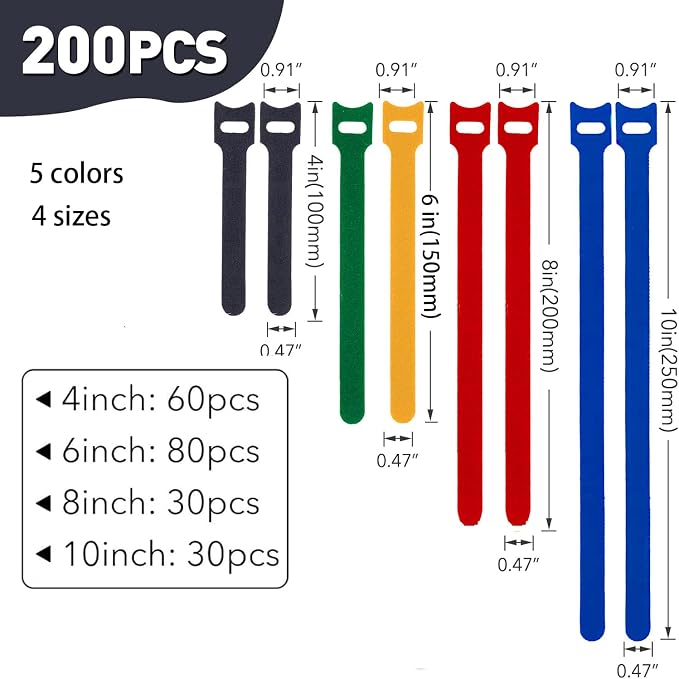 MVYC 200PCS Reusable Cable Ties Wire Ties Cord Organizer Cable Organizer Adjustable Cable Management 4+6+8+10 inch 5 Colors - Image 2