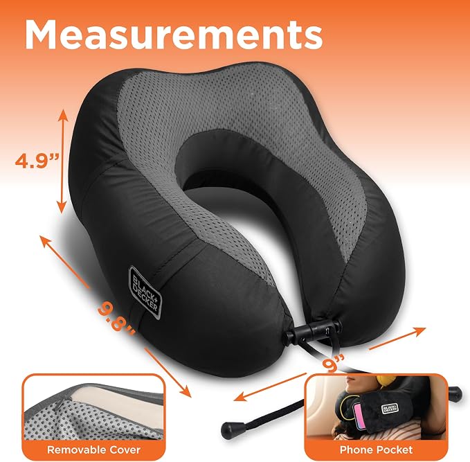 BLACK+DECKER Cooling Gel Memory Foam Neck Pillow – Travel Pillow for Plane, Car & Train – Ergonomic Neck Support, Slow Rebound Memory Foam, Washable Cover, Universal Fit, Black - Image 5