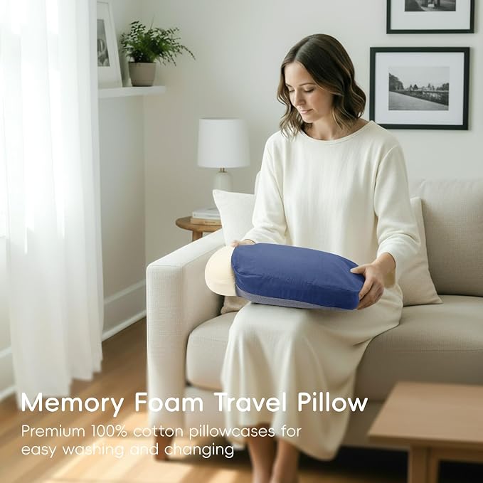 urnexttour 4-in-1 Travel Pillow & Blanket Set with Eye Mask, Memory Foam Neck Support, 50x65 Inch Blanket, Storage Bag for Airplane, Car, Train, Home Travel Blue - Image 5