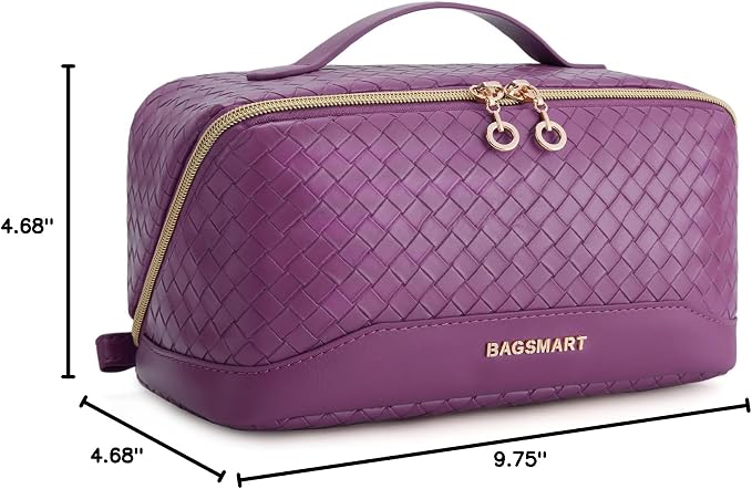 BAGSMART Makeup Bag, Travel Cosmetic Bag Organizer, PU Leather Water-Resistant Pouch, Open Flat Makeup Storage for Toiletries, Brushes, PU Leather Purple - Image 7