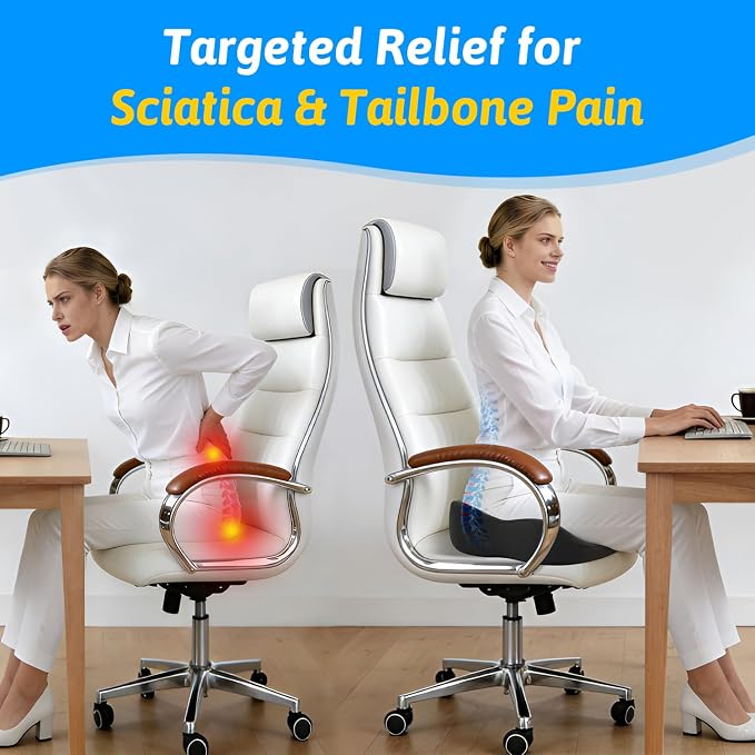 Seat Cushion for Tailbone & Sciatica Pain Relief | Certified & Ergonomist-Designed,Tapered Front Edge Reduces Thigh Pressure,Wide Memory Foam for Office Chair, Car, Wheelchair - Image 3