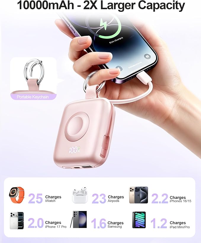 Portable Charger 3 in 1, Smaller 10000mAh Built-in Cables 22.5W Power Bank | Travel Essentials, Fast Charging Keychain Battery Pack for iPhone17/16/15/14/13, Android, iWatch Ultra/11/10/9/8, Pink - Image 4