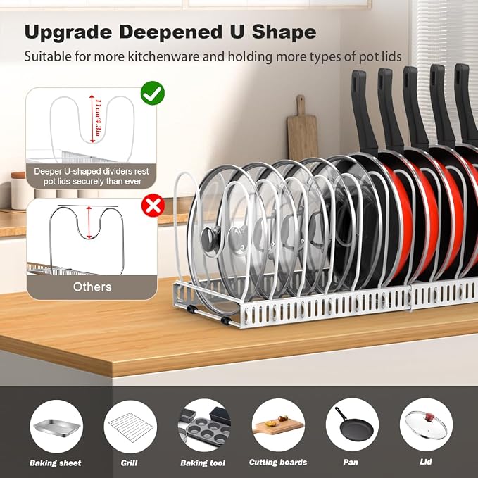 Housolution Pot and Pan Lid Organizer Holder Storage Rack, White | 12"-23" Expandable, 14 Adjustable Dividers, Sturdy Metal Construction, Easy Assembly - Image 2