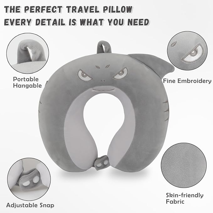 Travel Pillow, Kids Travel Pillow with Sleep Eye Mask Soft Memory Foam Kids Neck Pillow for Boys & Girls, Travel Accessories for Car Airplane Traveling - Shark - Image 5