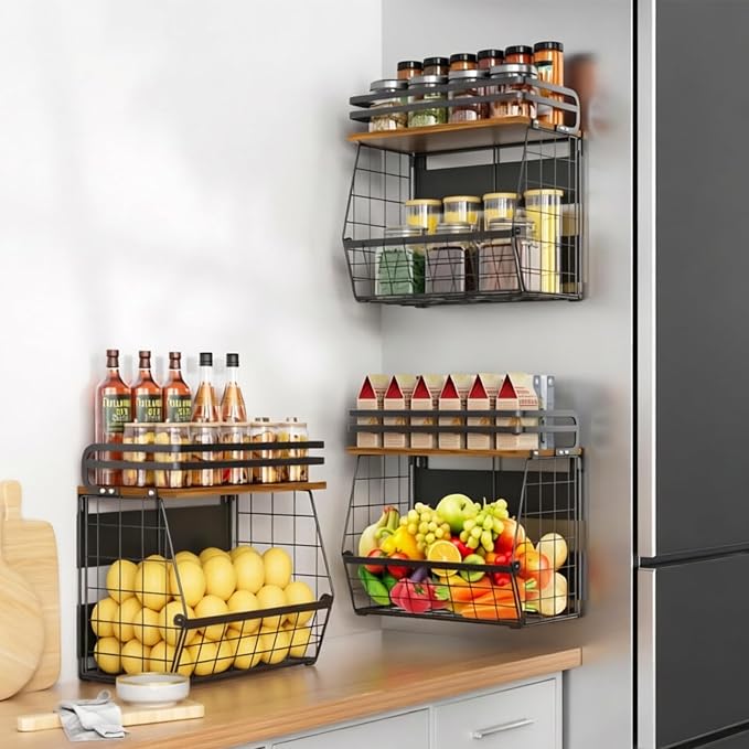 Magnetic Shelf for Fridge with Wood Lid, Large Capacity Magnetic Spice Rack for Refrigerator Kitchen Storage Bin for Fruit, Onion, Potatoes, Storage Organizer for Counter & Cabinet, Wire Basket - Image 2