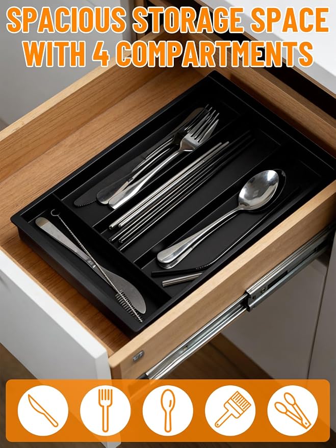 Silverware Drawer Organizer Tray (Black) | Adjustable Small Utensil Holder for Spoon and Fork, Expandable Flatware Cutlery Tray for Kitchen Drawers - Image 3