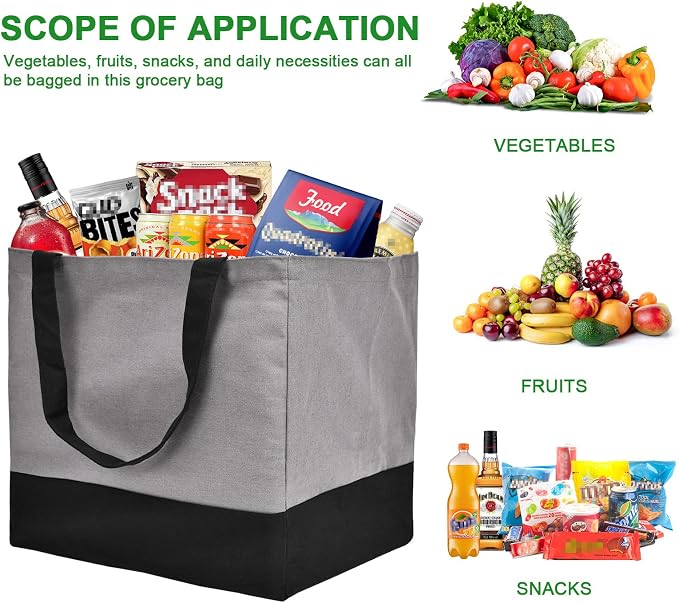 3 Pack Canvas Reusable Grocery Bags Heavy Duty, 8.3 gal Foldable Large Tote Bag with Handles, Holds 60 lbs Canvas Shopping Bags & Washable Eco-friendly Bags with 5 Pockets, Grey+Black - Image 3