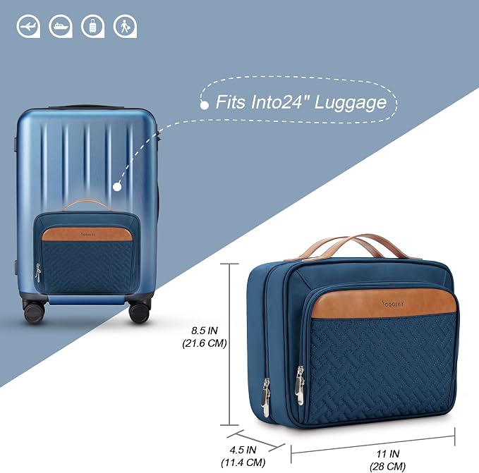 Travel Hanging Toiletry Bag for Women, with Jewelry Organizer Compartment, Medium Waterproof Hanging Makeup Accessories, Cosmetic Essentials, Toiletries Dopp Kit Set with Trolley Belt, Navy Blue - Image 7
