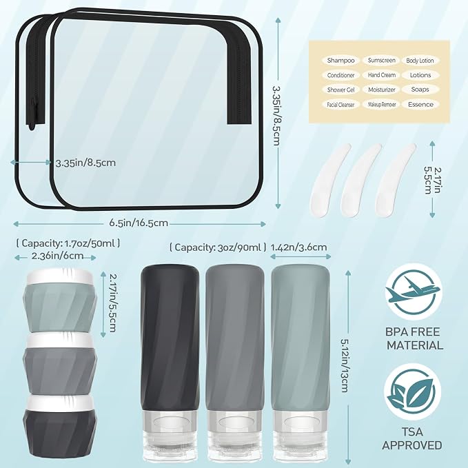 6Pcs Travel Bottles for Toiletries, Silicone Travel Size Containers Set | TSA Approved BPA-FREE Silicone Leak Proof Refillable Bottles and Jars, Women & Men Airplane Cruise Essentials Kit - Image 2