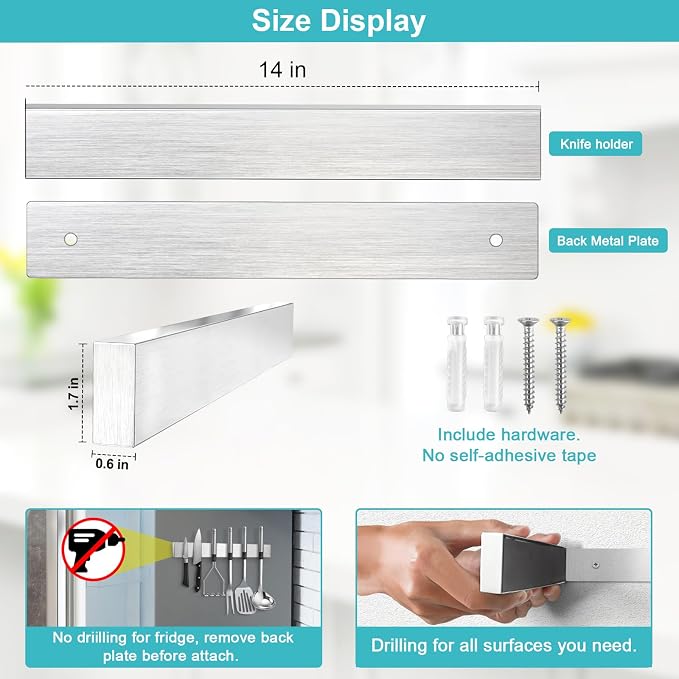 Knife Magnetic Strip, Magnetic Knife Holder for Wall Mount Fridge Refrigerator Knife Magnet Bar Knife Rack RV Kitchen Utensil Holder Metal Kitchen Tool Holder Knife Block RV Accessories 14 Inch - Image 3