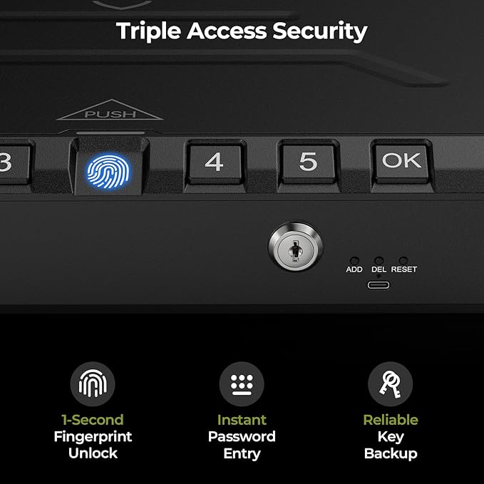 ONNAIS Large Biometric Gun Safe for Handgun with Fingerprint Keypad Lock | Emergency Power Supply Gun Case Internal Light Gun Lock Box for Home, Nightstand, Bedside, and Car Use - Image 5