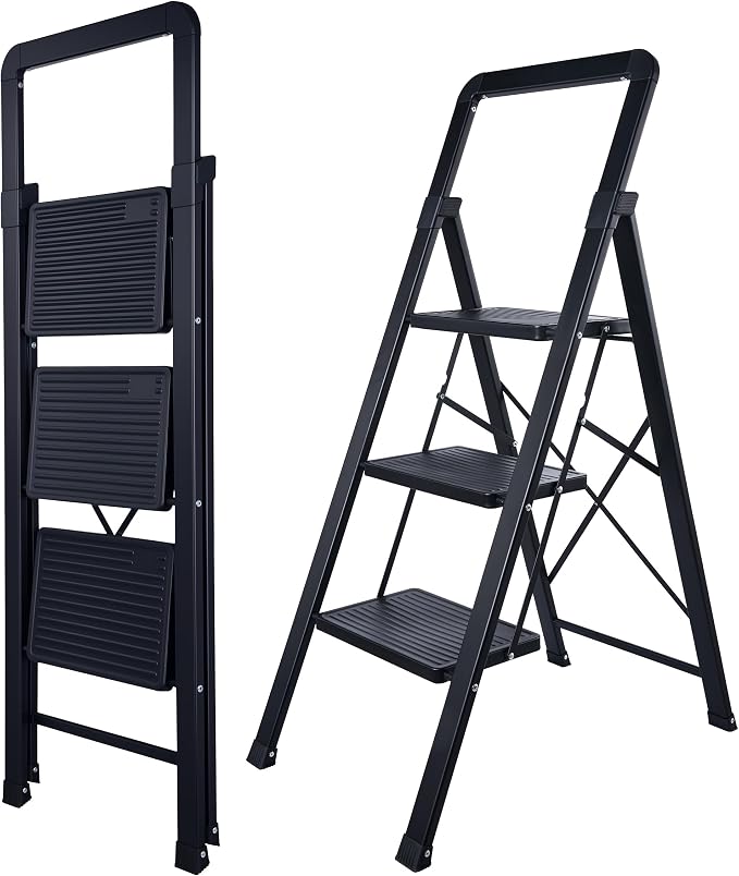 Step Ladder 3-Step Black Finish Folding Ladders | Anti-slip Sturdy Foldable Ladder Step Stool for Kitchen Home Office Libaray by BIBKOKE