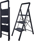 Step Ladder 3-Step Black Finish Folding Ladders | Anti-slip Sturdy Foldable Ladder Step Stool for Kitchen Home Office Libaray by BIBKOKE
