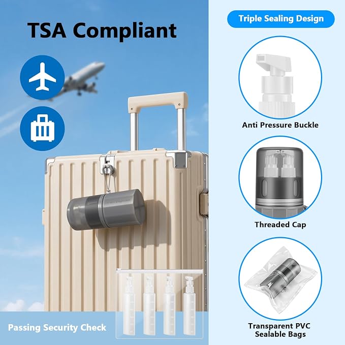 4 in 1 Travel Dispenser Bottles, TSA Approved Leak Proof Refillable Toiletry Containers with Vacuum Suction Cup for Smooth Walls, Portable Empty Bottle Set for Shampoo Conditioner Body Wash - Image 3