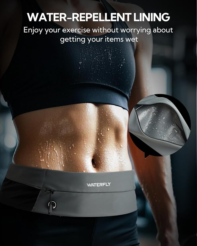 WATERFLY Running Belt Fanny Pack: Slim Lightweight Waist Bag for Runners | Trim-to-Size Hook & Loop Fit 24"-47", Workout Phone Holder, 3 Pockets, Reflective Strip, Fitness Jogging Exercise, Women, Men - Image 5