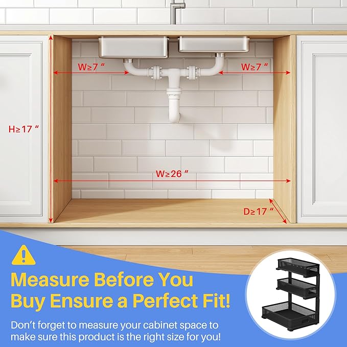 Under Sink Organizer, 3-Tier Thickened Metal Pull out Cabinet Organizer Shelf, Height Adjustable Slide out Storage Drawer Rack for Kitchen Bathroom Pantry Laundry Home Organization, 1-Pack, Black | 35% Extra Storage Capacity, Carbon Steel, Hold Up 55lb... - Image 2