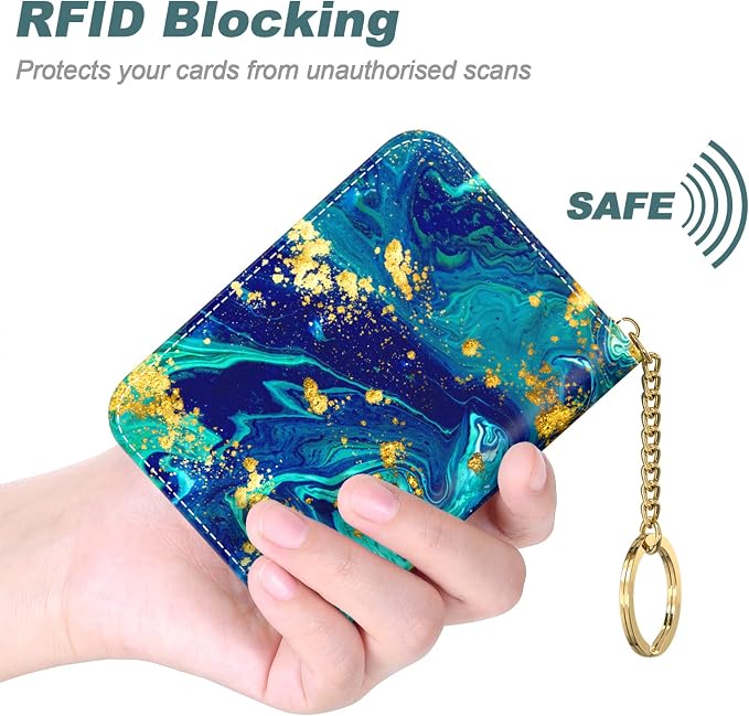 Nipichsha Women's Slim Leather RFID Wallet, Ocean Marble, 4.33 x 3.15 in | Leather Card Holder Wallet, Credit Card Wallet Organizer, Business Card Case with Zipper & Keychain, 12-Slot Compartment - Image 4