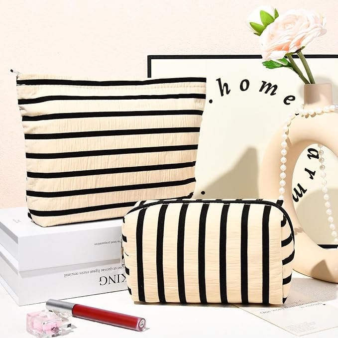 SOIDRAM 2 Pieces Makeup Bag Large Stripe Cosmetic Bag Capacity Canvas Mix Travel Toiletry Bag Organizer Cute Makeup Brushes Aesthetic Accessories Storage Bag for Women, Stripe Mix White - Image 6