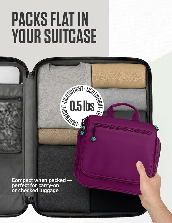 VENTURE 4TH Hanging Travel Toiletry Bag, 18 Compartments - Purple/Mint | Hangs on rails, hooks or doors; stands upright. Removable TSA pouch. Water-resistant Nylon 290D Twill, reinforced stitching. - Image 8