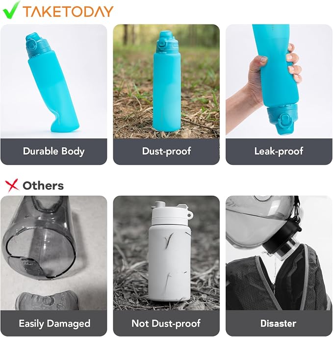 TakeToday Collapsible Water Bottles 32oz, Foldable Travel Water Bottle, BPA Free, Silicone Water Bottle Leakproof for Hiking, International Travel, Outdoors - Image 2