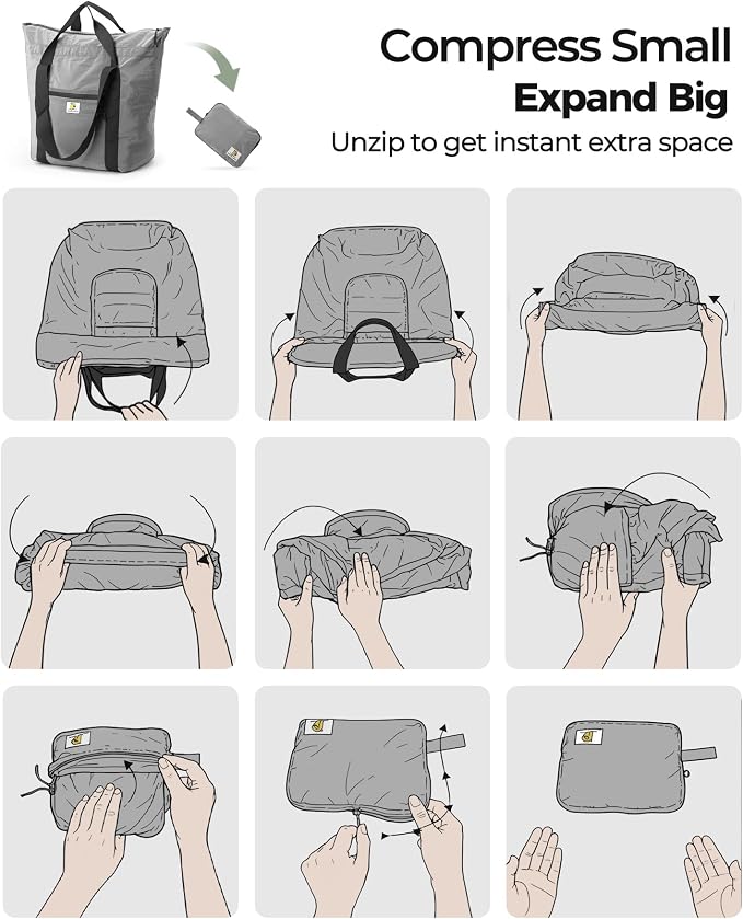 Foldable Travel Bag, 26L Lightweight Weekender Duffel, Expandable Second Carry-On Bag for Travel & Shopping, Water-Resistant Personal Item Bag, Gray - Image 5