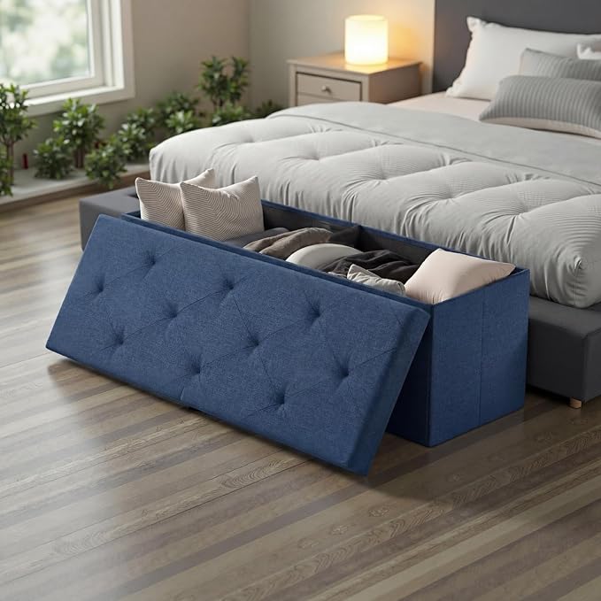 DUMOS 43 Inch Folding Storage Ottoman Bench, Large Ottoman with Storage | Storage Chest with Thicker Foam Padded Seat, End of Bed Foot Rest Stool for Bedroom Living Room Entryway, Load 660 lbs, Blue - Image 7