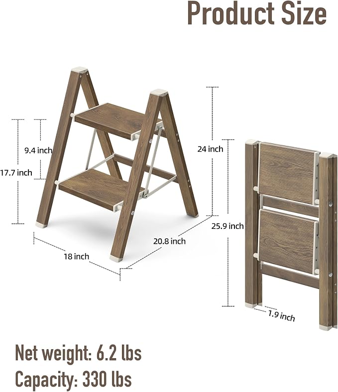 Mayi Plus 2 Step Stool Foldable, Aluminum, Lightweight Step Ladder | Extra-wide anti-slip folding steps with 330 lbs, for home,kitchen,office,outdoor,Cherry woodgrain - Image 6