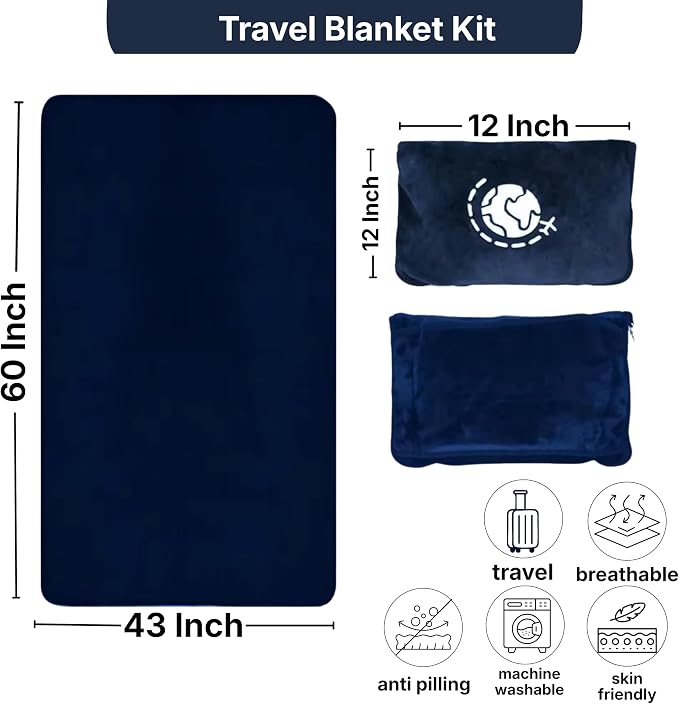 Travel Blanket and Pillow Compact – 4-in-1 Soft Fleece Airplane Blanket with Bag Pillowcase, Neck Pillow, Eye Mask & Earplugs, Lightweight Portable Flight Blanket 60"x43" (Navy) - Image 6
