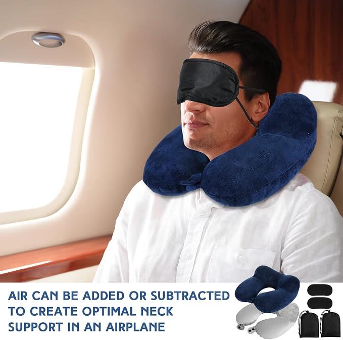 Sintuff 2 Pack Inflatable Travel Pillow for Airplanes Inflatable Neck Flight Pillows with Compact Bag and Blindfold for Traveling, Airplane, Train, Car, Office (Light Gray and Dark Blue) - Image 6