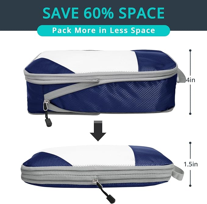 9 Set Compression Packing Cubes for Travel - Compressible, Lightweight, and Space-Saving Packing Cubes, Travel Essentials for Women, Navy - Image 2