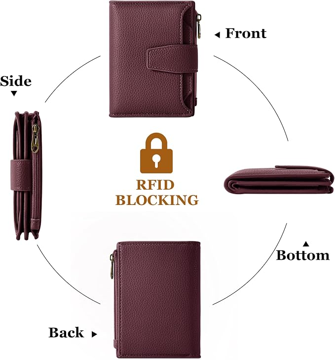 Small Wallet Women RFID Blocking Soft Leather Bifold Compact Card Holder Wallet for Women with Zipper Coin Pocket 4 ID Window - Image 4