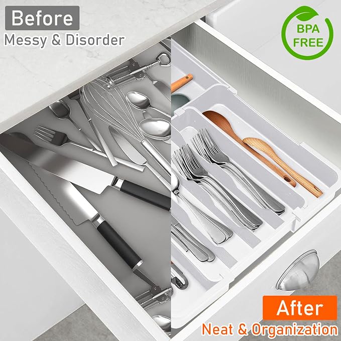 Silverware Drawer Organizer, Adjustable Utensil Tray for Kitchen Drawer, 19 x 15 Inches Flatware and Cutlery Holder, Expandable Plastic Storage for Spoons Forks Knives, 4-7 Slots, White - Image 5