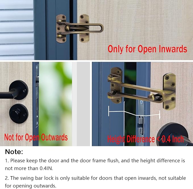 Topbuti Home Security Door Lock, 2 Pack Latch Guard Clasp Front Door Locks for Kids, Home Reinforcement Lock for Swing-in Doors, Hotel Door Latches, Thicken Solid Aluminium Alloy (Antique Brass) - Image 6