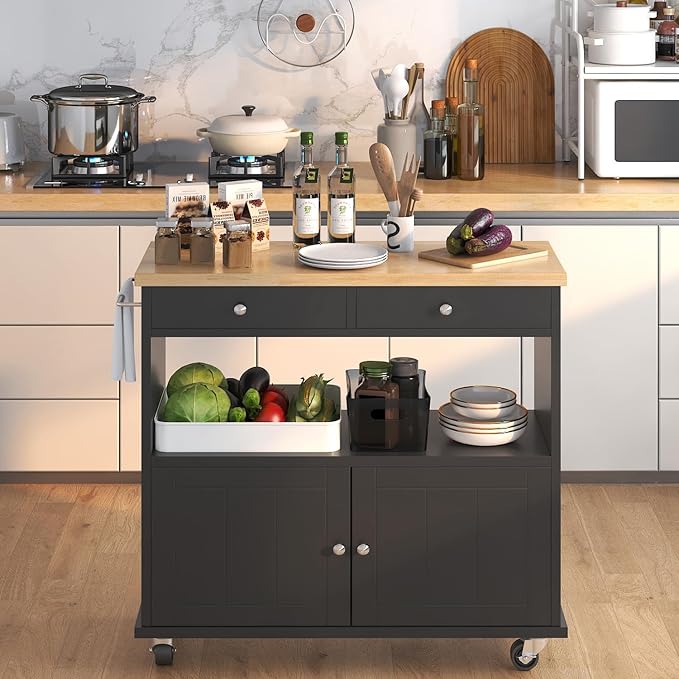 knoworld Rolling Kitchen Island with Storage Cabinet, 35.4'' Width Kitchen Cart, 2 Drawers Island Table, Portable Mobile Kitchen Island with Towel Rack, Wood Top and Lockable Wheels, Black - Image 3