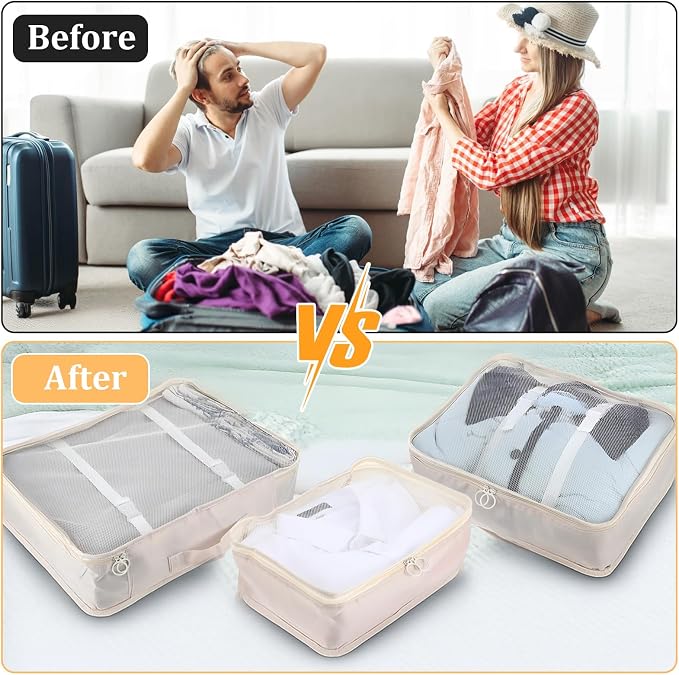 12 Pcs Packing Cubes for Suitcase Travel Luggage Bags Bulk Mesh Organizer Set for Hiking Camping Backpacking Clothes Accessories(Light Khaki, S, M, L Size) - Image 5